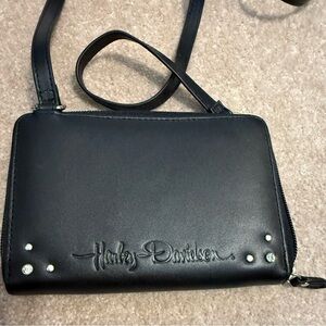 Harley Davidson Black Leather Studded Crossbody Bag with Built-In Wallet NWOT